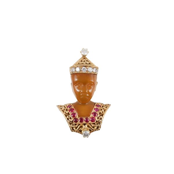 18KT GOLD MORETTO BROOCH WITH AMBER, DIAMONDS AND RUBIES, BY G. NARDI