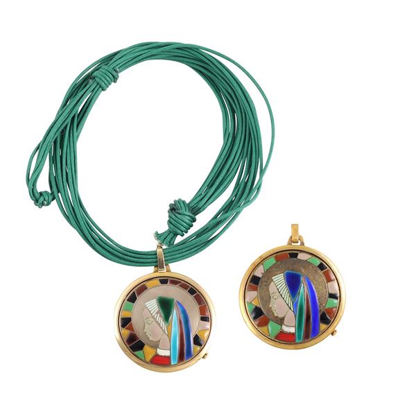 18KT GOLD AND 800 SILVER LOT OF TWO PENDANT-BROOCH WITH ENAMEL