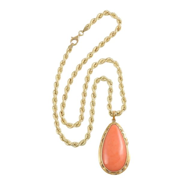 ~ 18KT GOLD LOT OF CHAIN AND PENDANT WITH CORAL