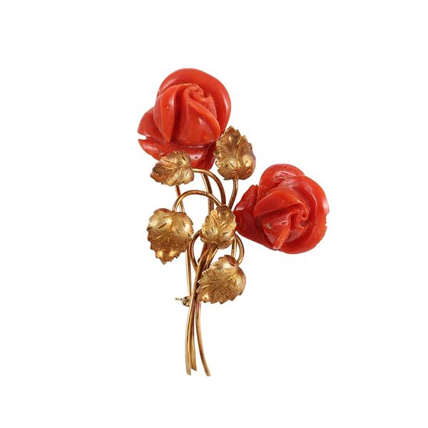 ~ 18KT GOLD AND CORAL BROOCH