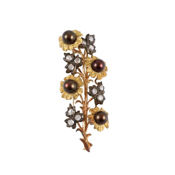 18KT GOLD AND SILVER BROOCH WITH CULTURED PEARLS AND ROSE CUT DIAMONDS BY M. BUCCELLATI