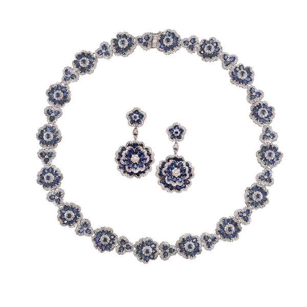 18KT GOLD SET OF NECKLACE AND EARRINGS WITH SAPPHIRES AND DIAMONDS (two missing)