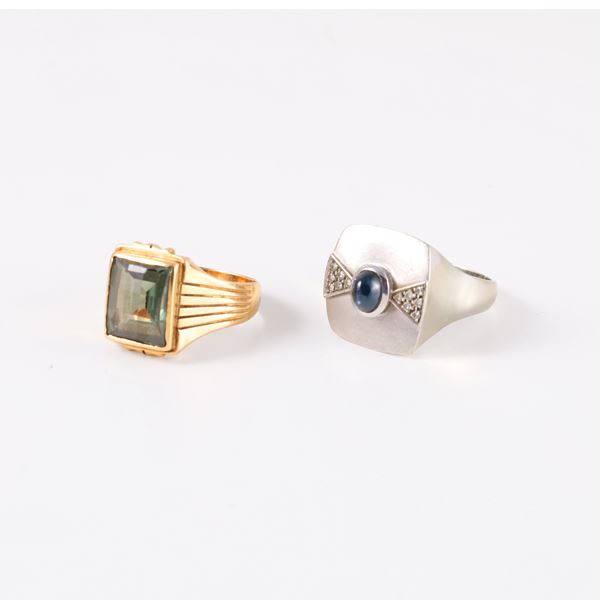 LOT OF TWO 18KT GOLD RINGS WITH TOURMALINE, SAPPHIRE AND DIAMONDS
