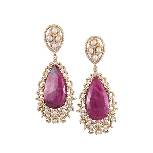 18Kt GOLD, DIAMONDS, SOLID RUBIES AND FRESHWATER PEARLS (one missing) EARRINGS