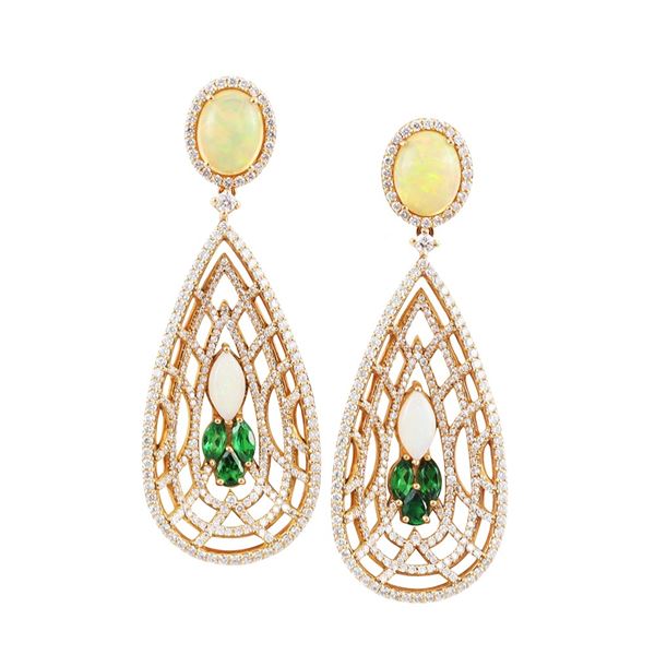 18KT GOLD, DIAMONDS, OPALS AND EMERALDS EARRINGS