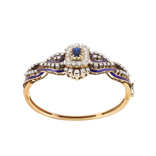 18KT GOLD, SAPPHIRE, DIAMONDS AND ENAMEL BANGLE