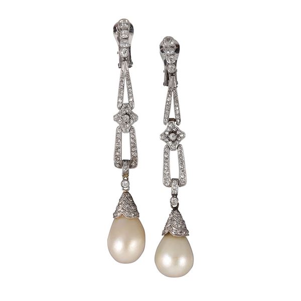 PLATINUM, SALTWATER NATURAL PEARLS AND DIAMONDS EARRINGS