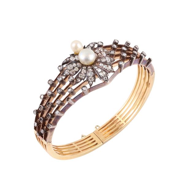 18KT GOLD AND SILVER BANGLE, WITH PEARLS AND OLD CUT DIAMONDS