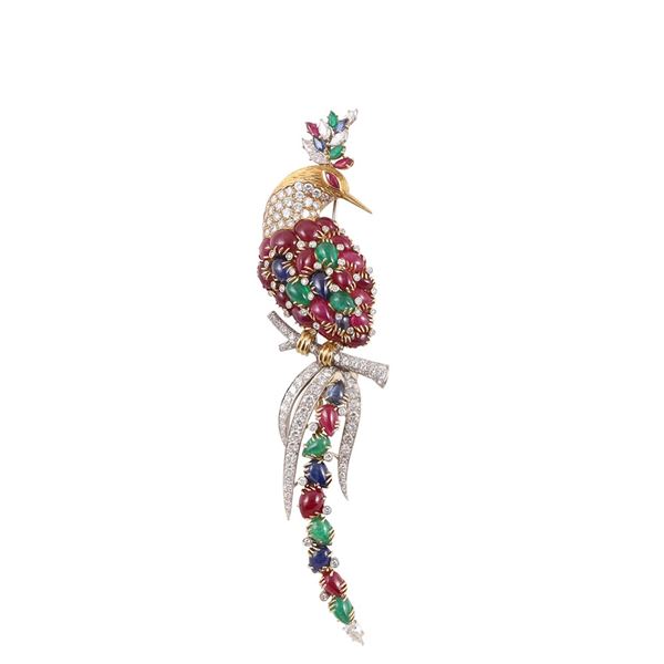 18KT GOLD, DIAMONDS, RUBIES, SAPPHIRES AND EMERALDS BROOCH, BY PEDERZANI