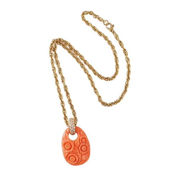 ~ 18KT GOLD LOT OF CHAIN AND PENDANT WITH CORAL AND DIAMONDS