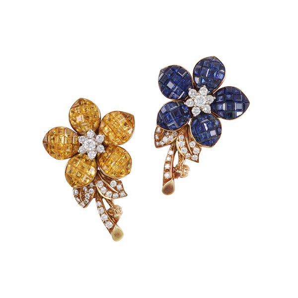 LOT OF 18KT GOLD TWO BROOCHES WITH DIAMONDS, BLUE AND YELLOW SAPPHIRES, BY SABBADINI