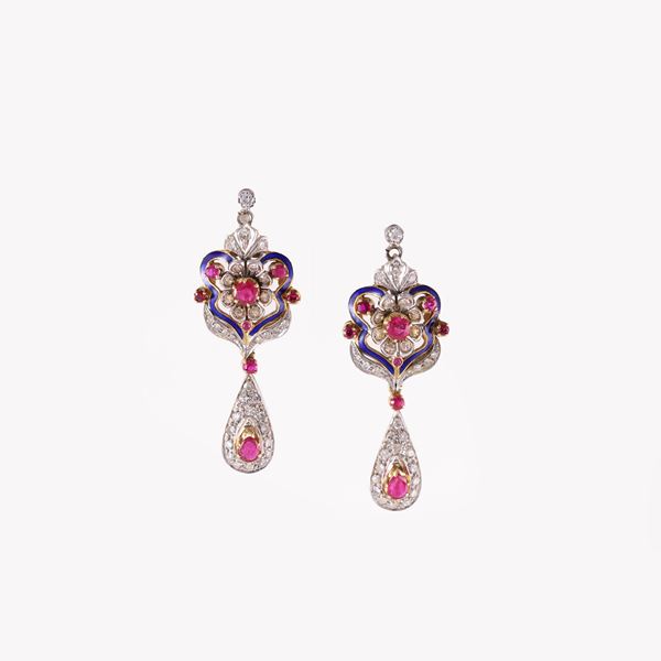18KT GOLD, RUBIES, DIAMONDS AND ENAMEL EARRINGS