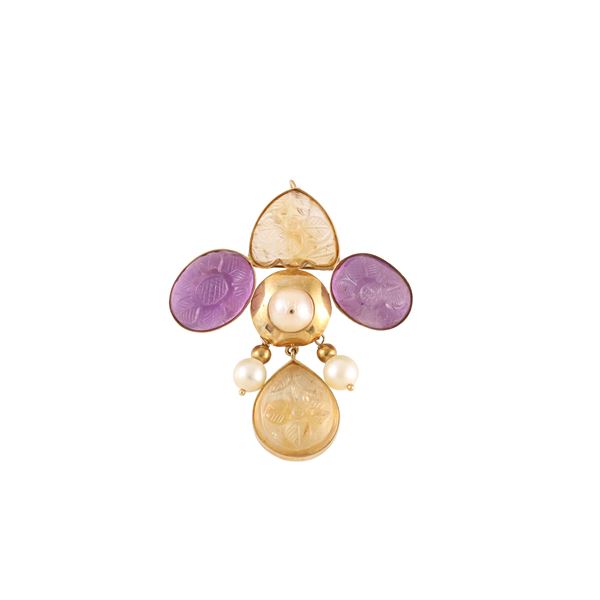 18KT GOLD, QUARTZ, AMETHYST AND CULTURED PEARLS BROOCH - PENDANT