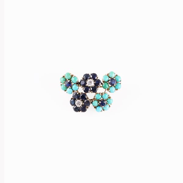 18KT GOLD, TURQUOISE, SAPPHIRE AND DIAMOND BROOCH