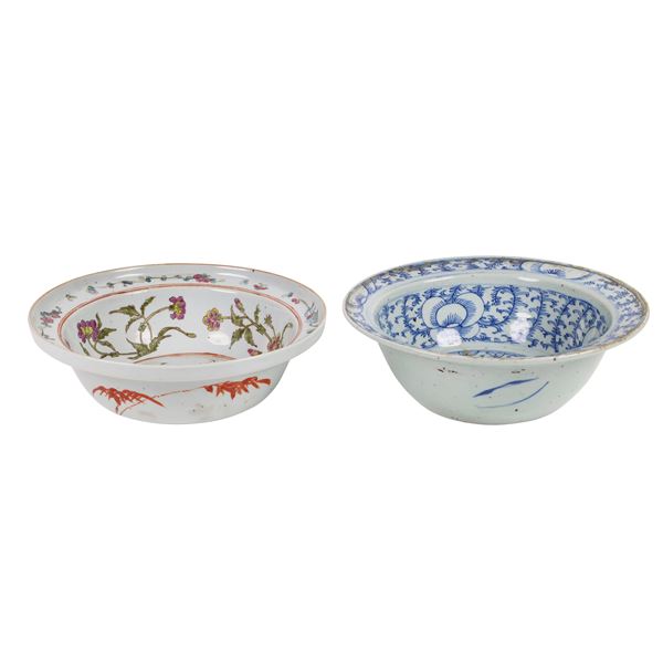 TWO BOWLS - 青花缠枝花卉盆 及人物粉彩盆