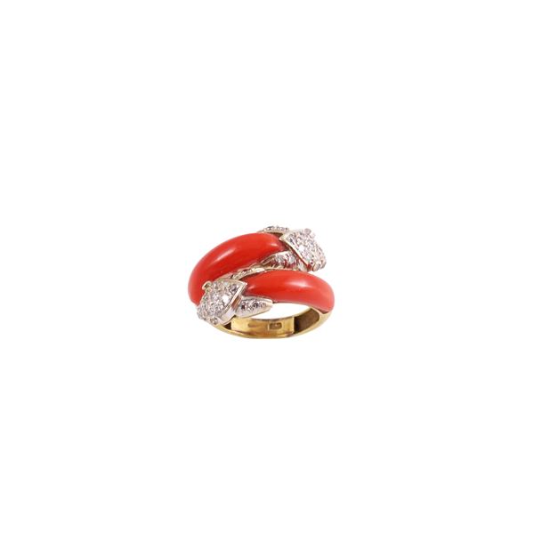 ~ 18KT GOLD, DIAMONDS AND CORAL RING