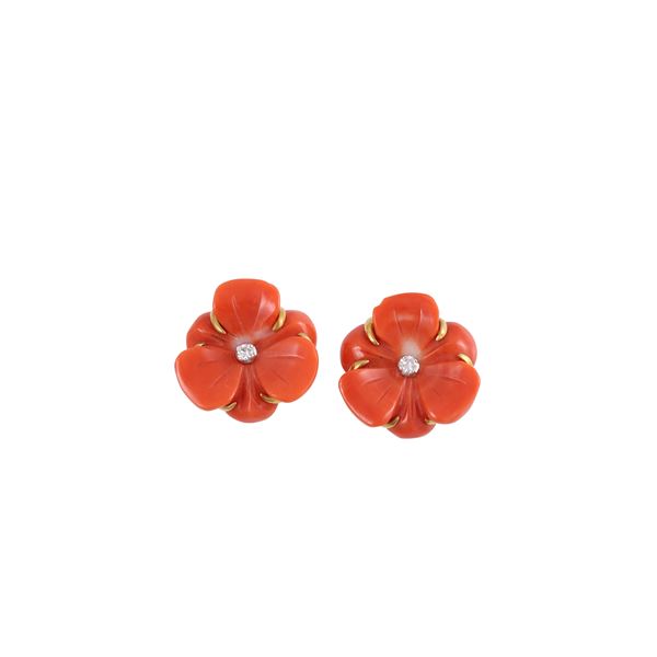 ~ 18KT GOLD, CORAL (chipped) AND DIAMOND EARRINGS