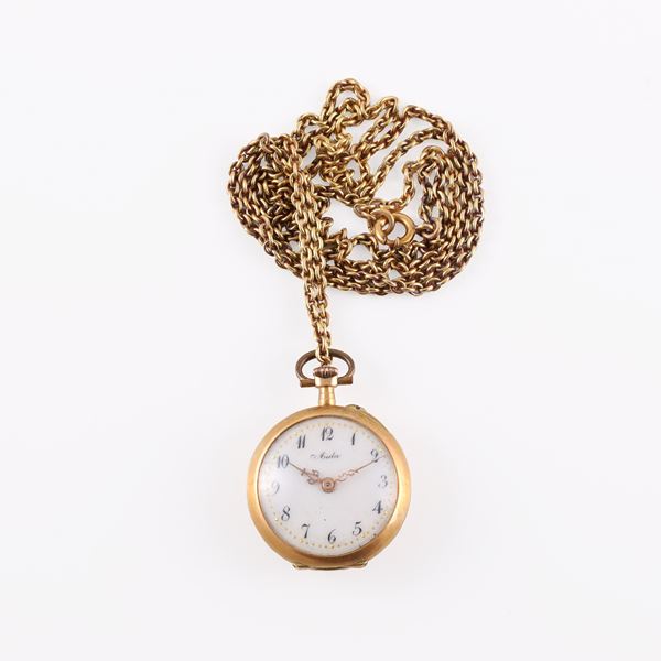 LOT OF 18KT GOLD CHAIN AND POCKET WATCH WITH OLD EUROPEAN CUT DIAMONDS