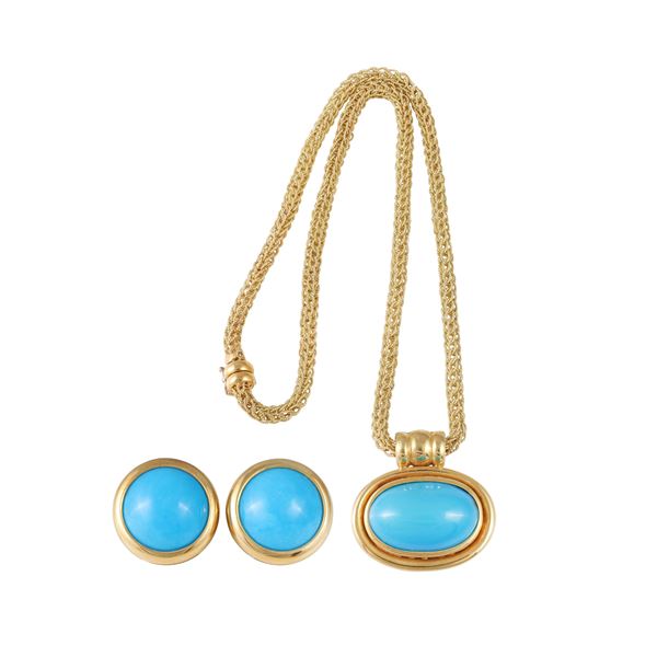 18KT GOLD LOT OF NECKLACE WITH TURQUOISE AND A PAIR OF CLIP EARRINGS WITH TURQUOISE PASTE   - Auction IMPORTANT JEWELRY - Casa d'Aste International Art Sale
