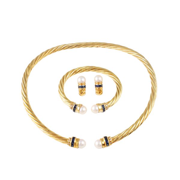 LOT OF 18KT GOLD NECKLACE, BRACELET AND A PAIR OF CLIP EARRINGS SET WITH DIAMONDS, SAPPHIRES AND CULTURED PEARLS, BY CARL BUCHERER