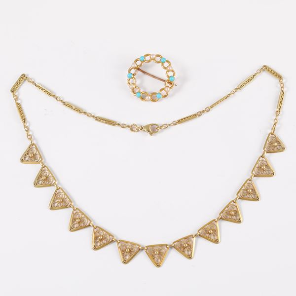 LOT OF 18KT GOLD NECKLACE AND BROOCH