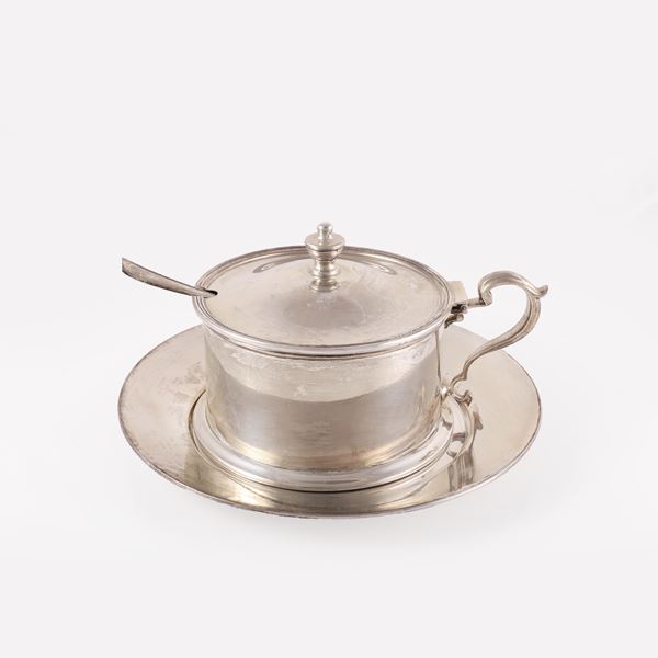 800 SILVER CHEESE DISH WITH SAUCER AND SPOON, GLASS LINE INSIDE