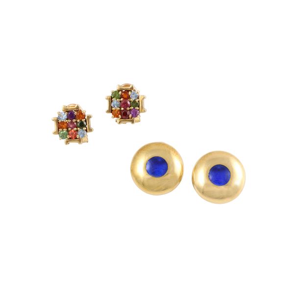 LOT OF TWO 18KT GOLD EARRINGS WITH ENAMEL AND GEMSTONES, BY SCHREIBER