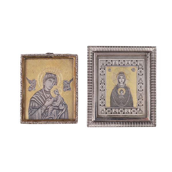Lot of three freestanding silver religious figures, one with a silver and gold frame, diamonds, turquoises and pearls.