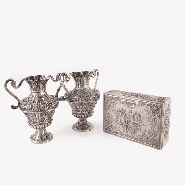 LOT OF 800 SILVER BOX AND TWO VASES