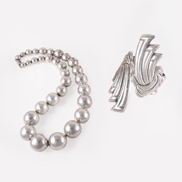 LOT OF 925 SILVER NECKLACE AND CLAMPER CUFF BRACELET