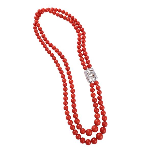 ~ TWO-STRAND CORAL NECKLACE, WITH 18KT GOLD AND DIAMONDS CLASP