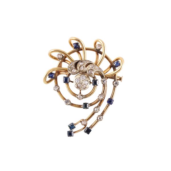 18KT GOLD BROOCH WITH SAPPHIRES AND DIAMONDS