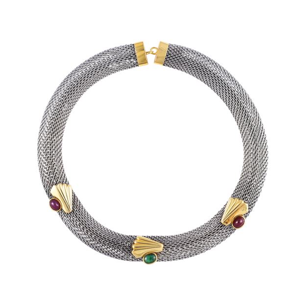 STEEL AND 18KT GOLD NECKLACE WITH RUBIES AND EMERALD