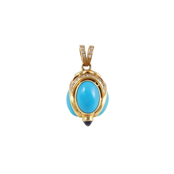 18KT GOLD PENDANT WITH TURQUOISE PASTE, DIAMONDS AND SAPPHIRE