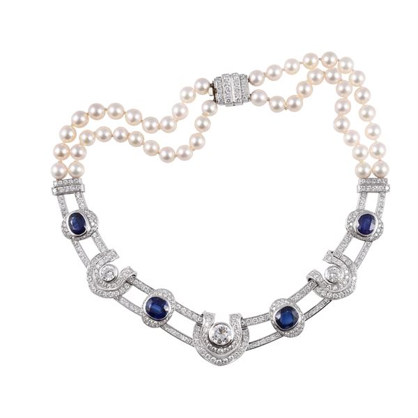 18KT GOLD NECKLACE WITH SAPPHIRES, DIAMONDS AND CULTURED PEARLS
