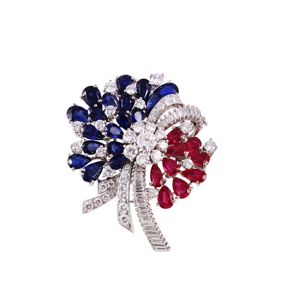 PLATINUM BROOCH WITH SAPPHIRES, RUBIES AND DIAMONDS, BY LUNATI  - Auction IMPORTANT JEWELRY - Casa d'Aste International Art Sale