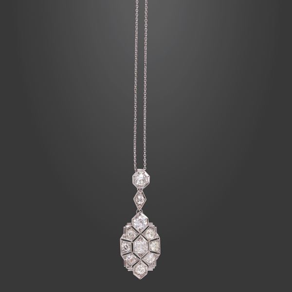 PLATINUM AND OLD EUROPEAN CUT DIAMONDS PENDANT WITH CHAIN  - Auction IMPORTANT JEWELRY - Casa d'Aste International Art Sale