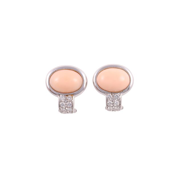 ~ 18KT GOLD EARRINGS WITH CORAL AND DIAMONDS