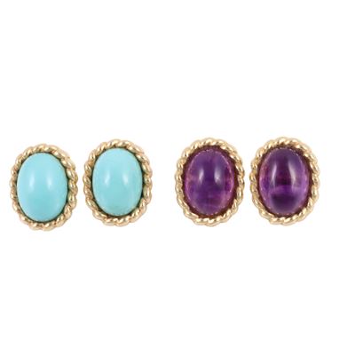 Orecchini ovali in oro 14KT con ametiste cabochon e pasta di turchese