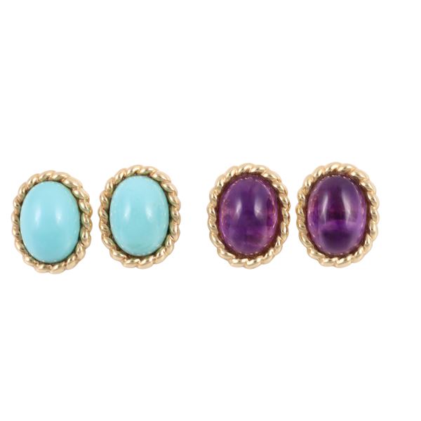 TWO PAIRS OF 14KT GOLD EARRINGS WITH AMETHYST AND TURQUOISE PASTE