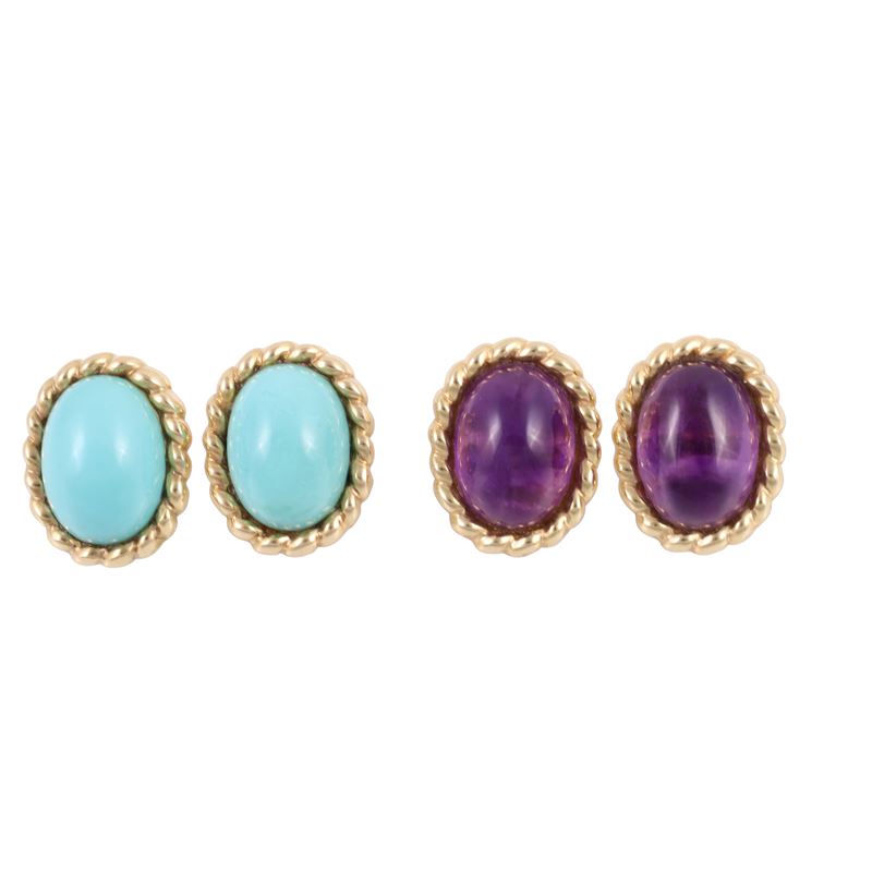 Orecchini ovali in oro 14KT con ametiste cabochon e pasta di turchese