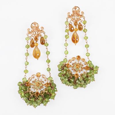 Orecchini in oro rosa con peridoti e quarzi