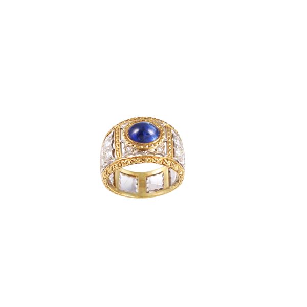 * 18KT GOLD RING WITH CABOCHON CUT SAPPHIRE AND DIAMONDS  - Auction IMPORTANT JEWELRY - Casa d'Aste International Art Sale
