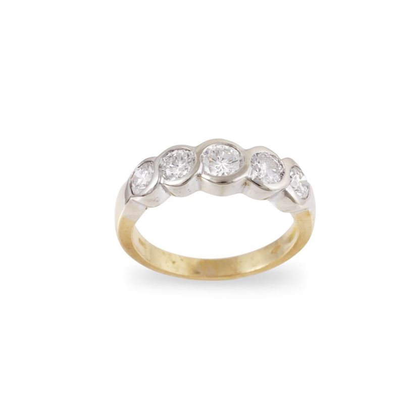 Anello rivière con brillanti, oro giallo e bianco 18Kt