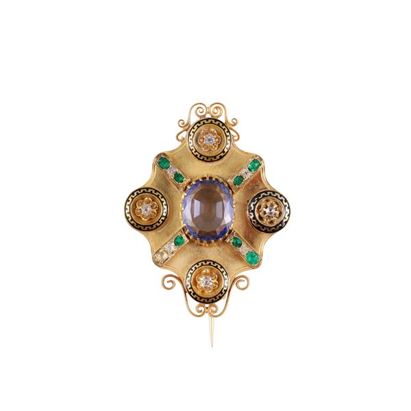 18KT GOLD PHOTO FRAME BROOCH WITH SAPPHIRE, OLD CUT DIAMONDS, EMERALDS (one missing) AND ENAMEL
