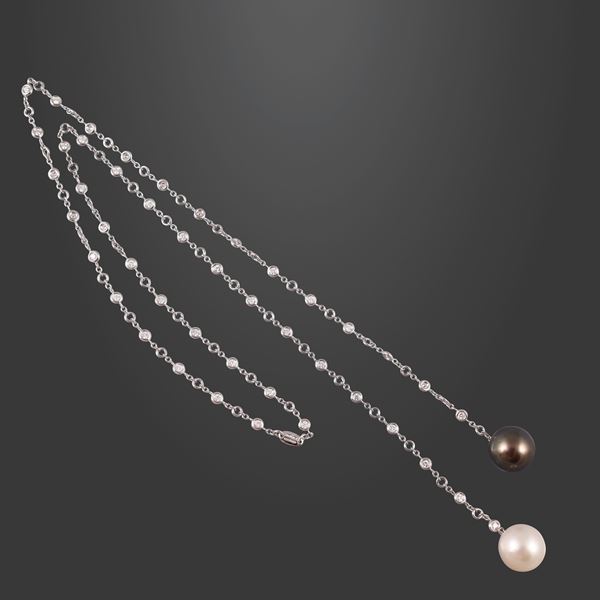 18KT GOLD SAUTOIR WITH DIAMONDS AND CULTURED PEARLS, BY CRIVELLI