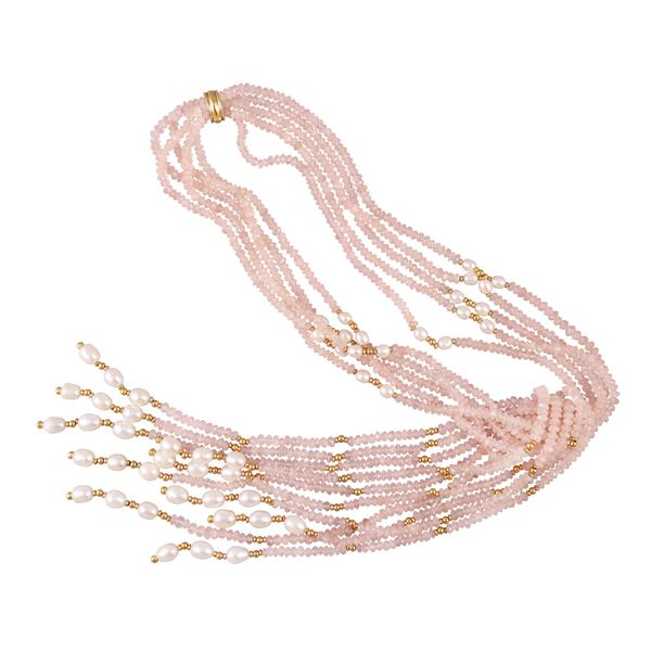 18KT GOLD SAUTOIR WITH ROSE QUARTZ AND FRESHWATER PEARLS