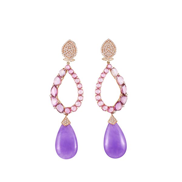 18KT GOLD EARRINGS WITH DIAMONDS, PINK SAPPHIRES AND CHALCEDONY  - Auction IMPORTANT JEWELRY - Casa d'Aste International Art Sale