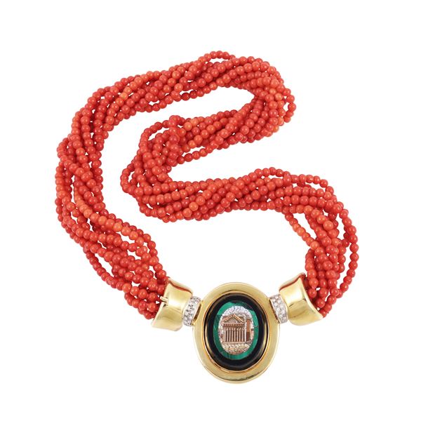 18KT GOLD NECKLACE WITH CORAL, MICROMOSAIC, ONYX AND MALACHITE
