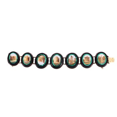 Bracciale in oro con micromosaico, sette ovali raffiguranti architetture classiche